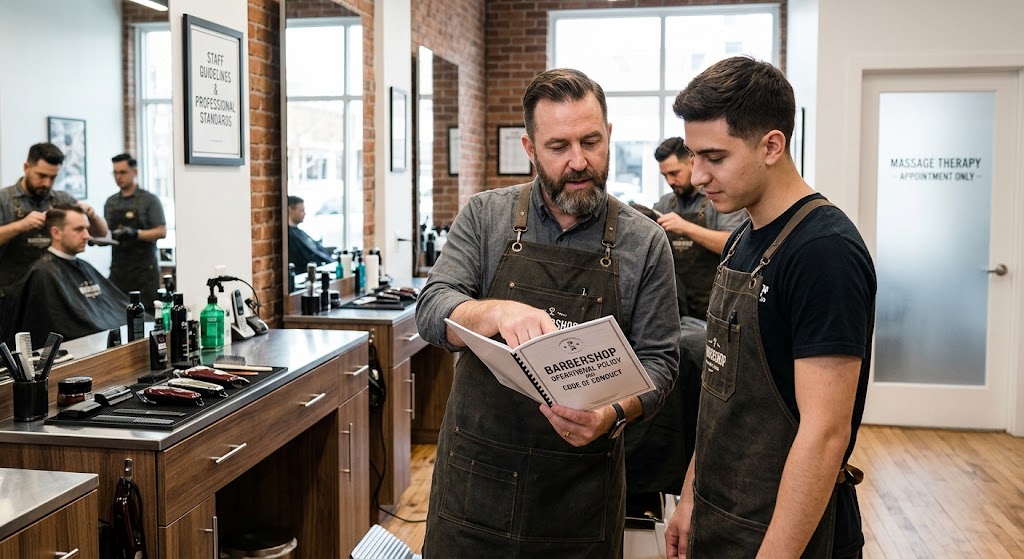 Barbershop manager reviewing a workplace policy manual with a staff member inside a modern barbershop and massage suite.